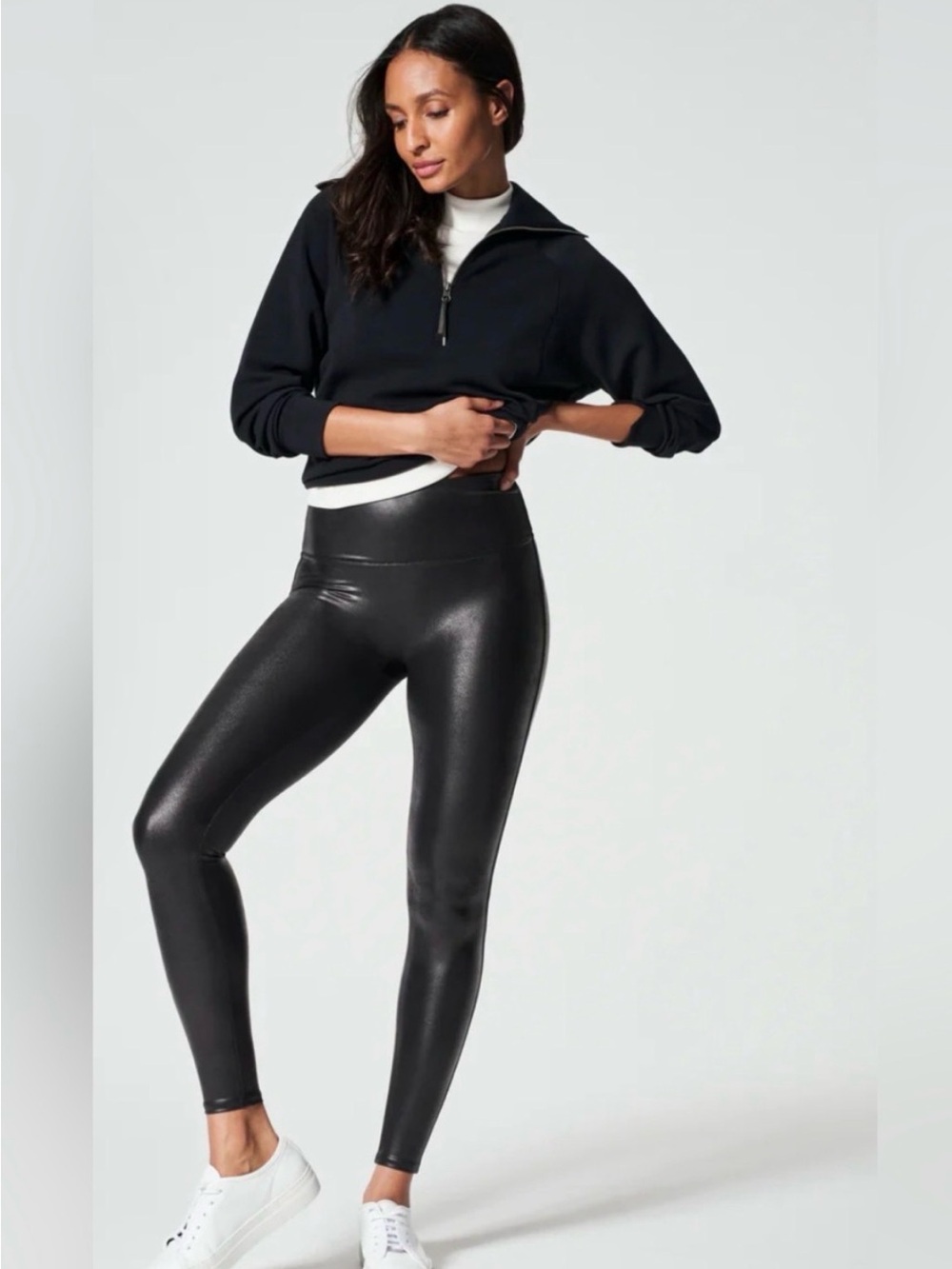 SPANX Faux Leather High Rise Leggings Black Size Large Shaping Moto Look